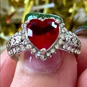 Pretty Ruby Heart w/Diamonds Sterling Silver Ring NEW Sizes 6-8